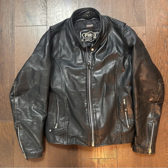 Vintage First Leather Biker Motorcycle Black Leather Jacket Size XL - Picture 1 of 10